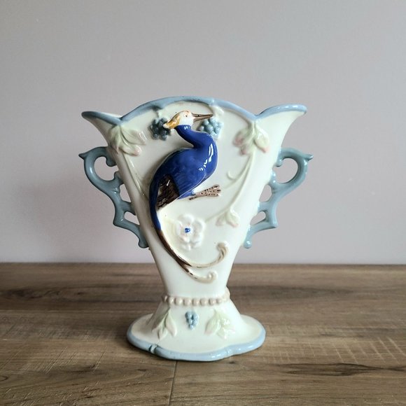 Vintage narrow ceramic vase with 3D exotic bird and handles. - Picture 1 of 10